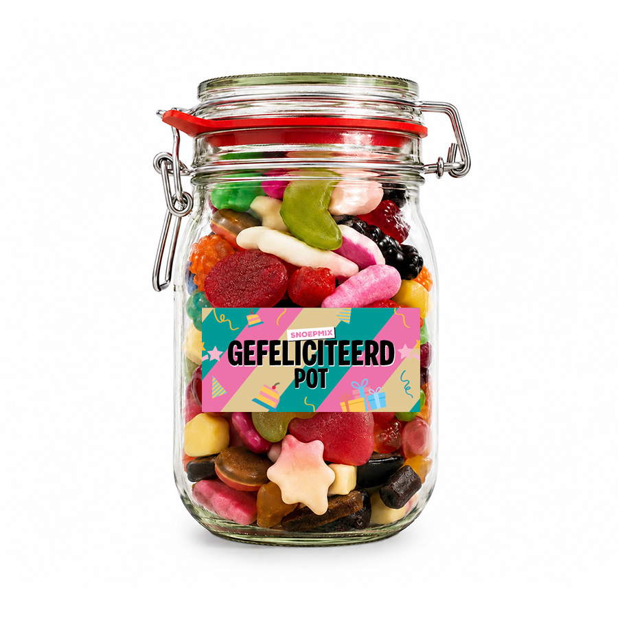 Snoeppot weck “Gefeliciteerd” mix snoep (1000 ml)